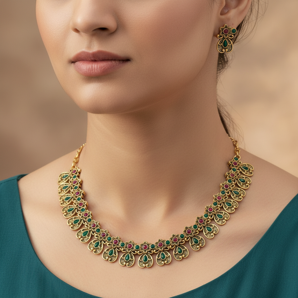 Peacock Motif Antique Necklace Set