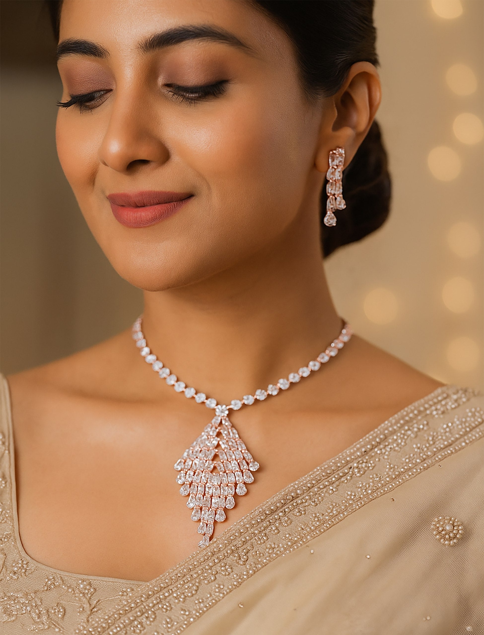 Rose Gold Triangle Crystal Necklace Set