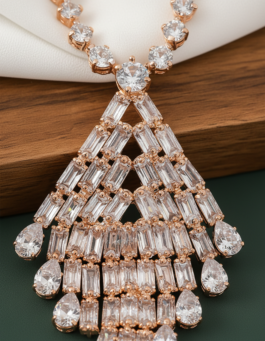 Rose Gold Triangle Crystal Necklace Set