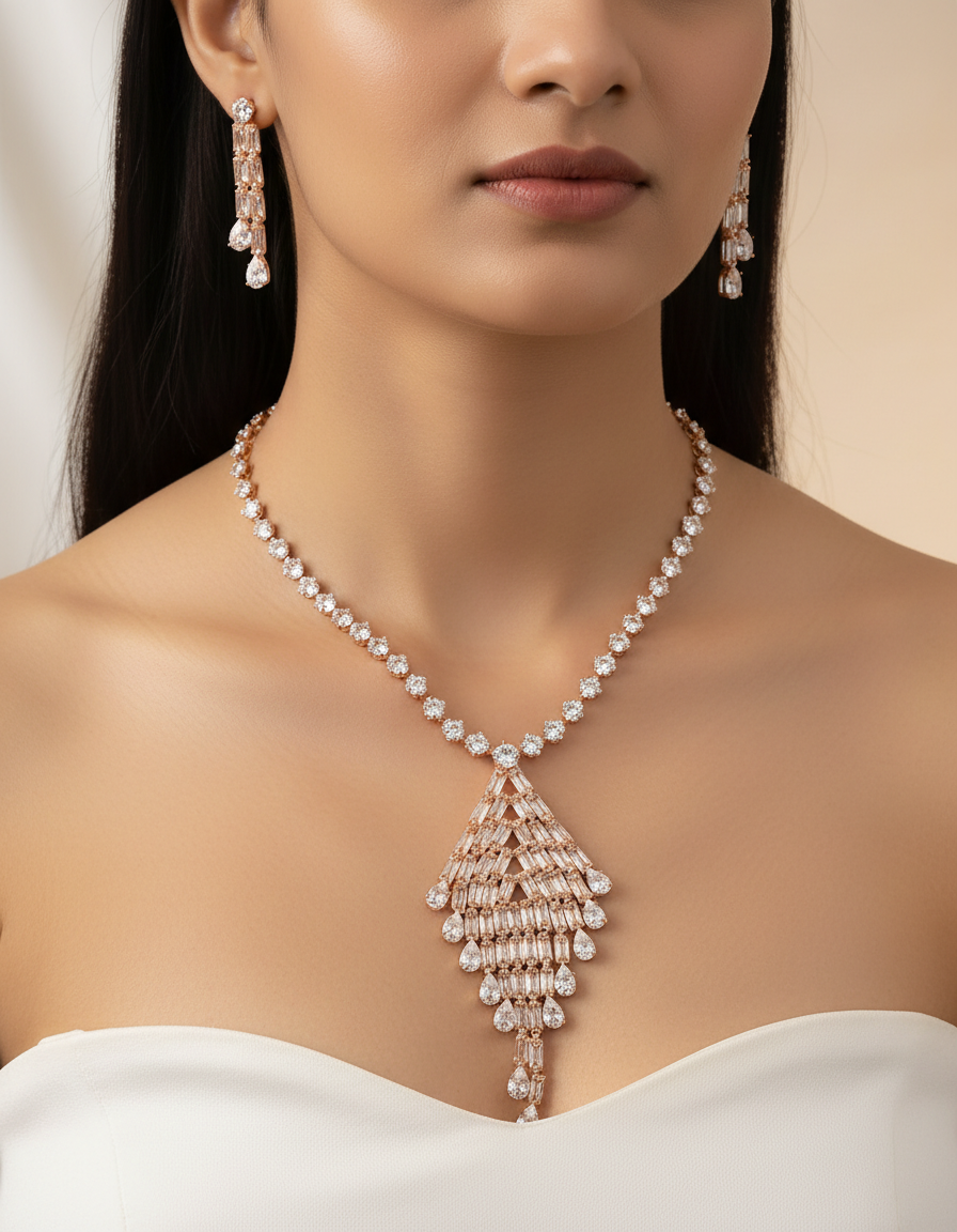 Rose Gold Triangle Crystal Necklace Set