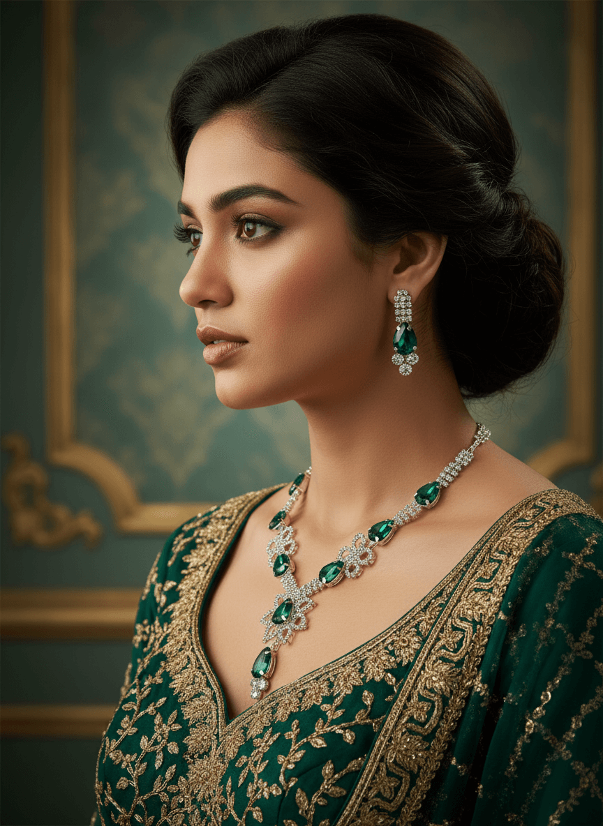 Green Floral Pear Premium Necklace & Earrings Set