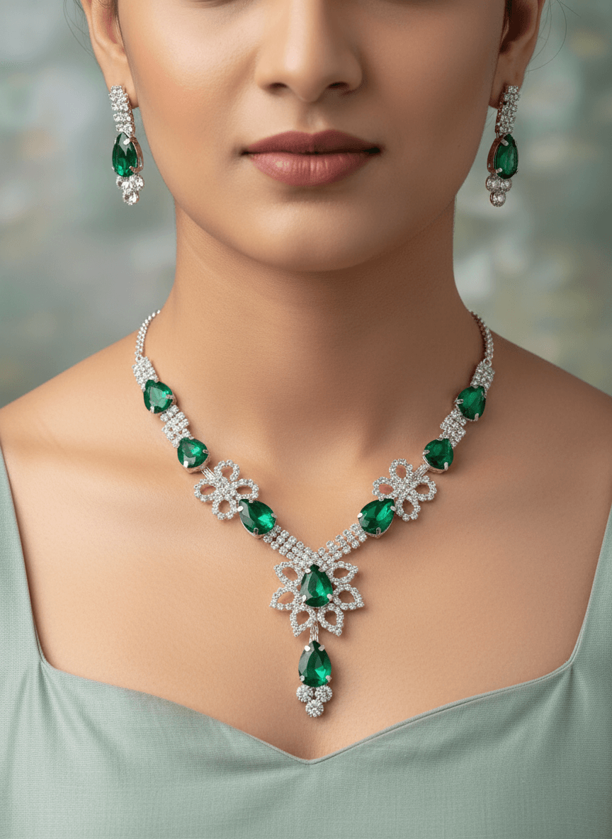 Green Floral Pear Premium Necklace & Earrings Set
