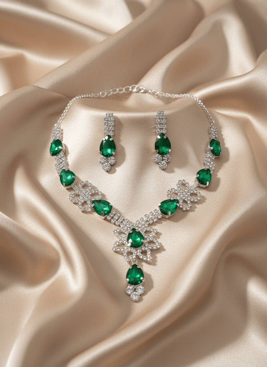Green Floral Pear Premium Necklace & Earrings Set