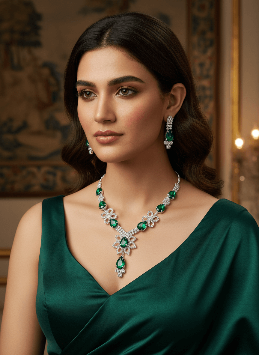 Green Floral Pear Premium Necklace & Earrings Set