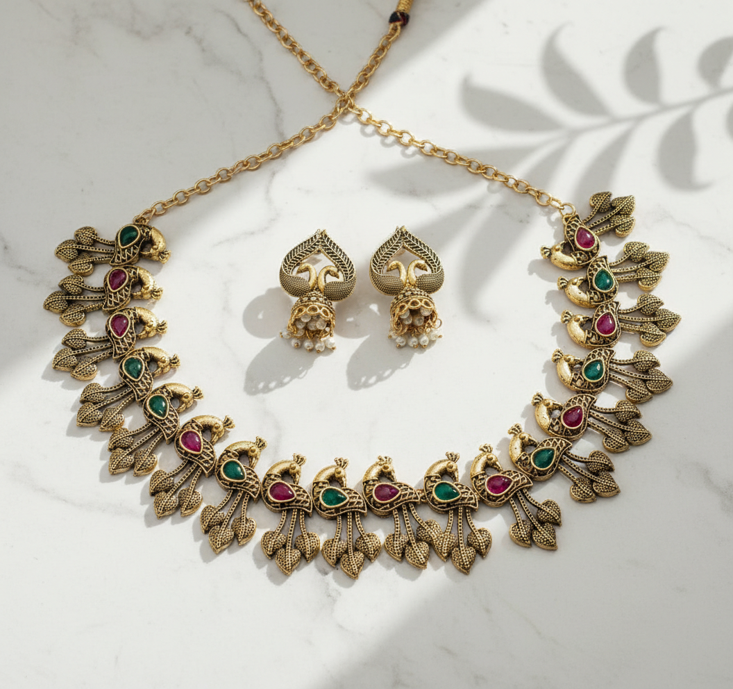 Peacock Inspired Antique Necklace Set