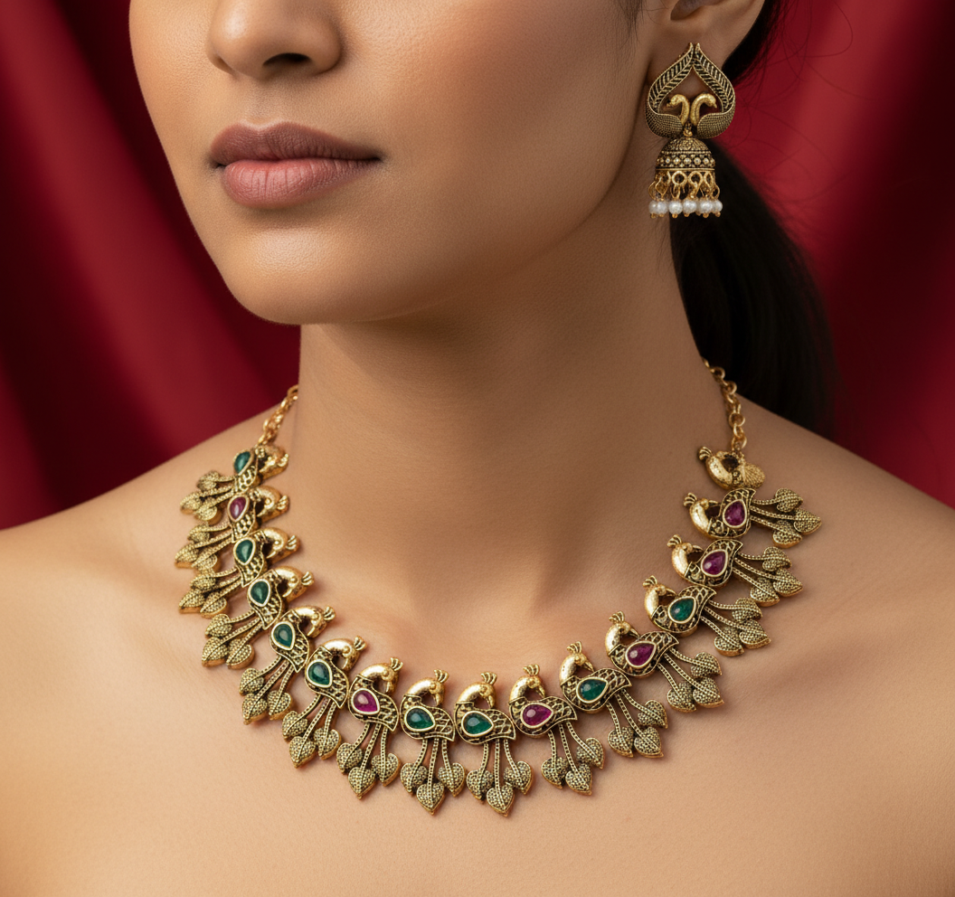 Peacock Inspired Antique Necklace Set