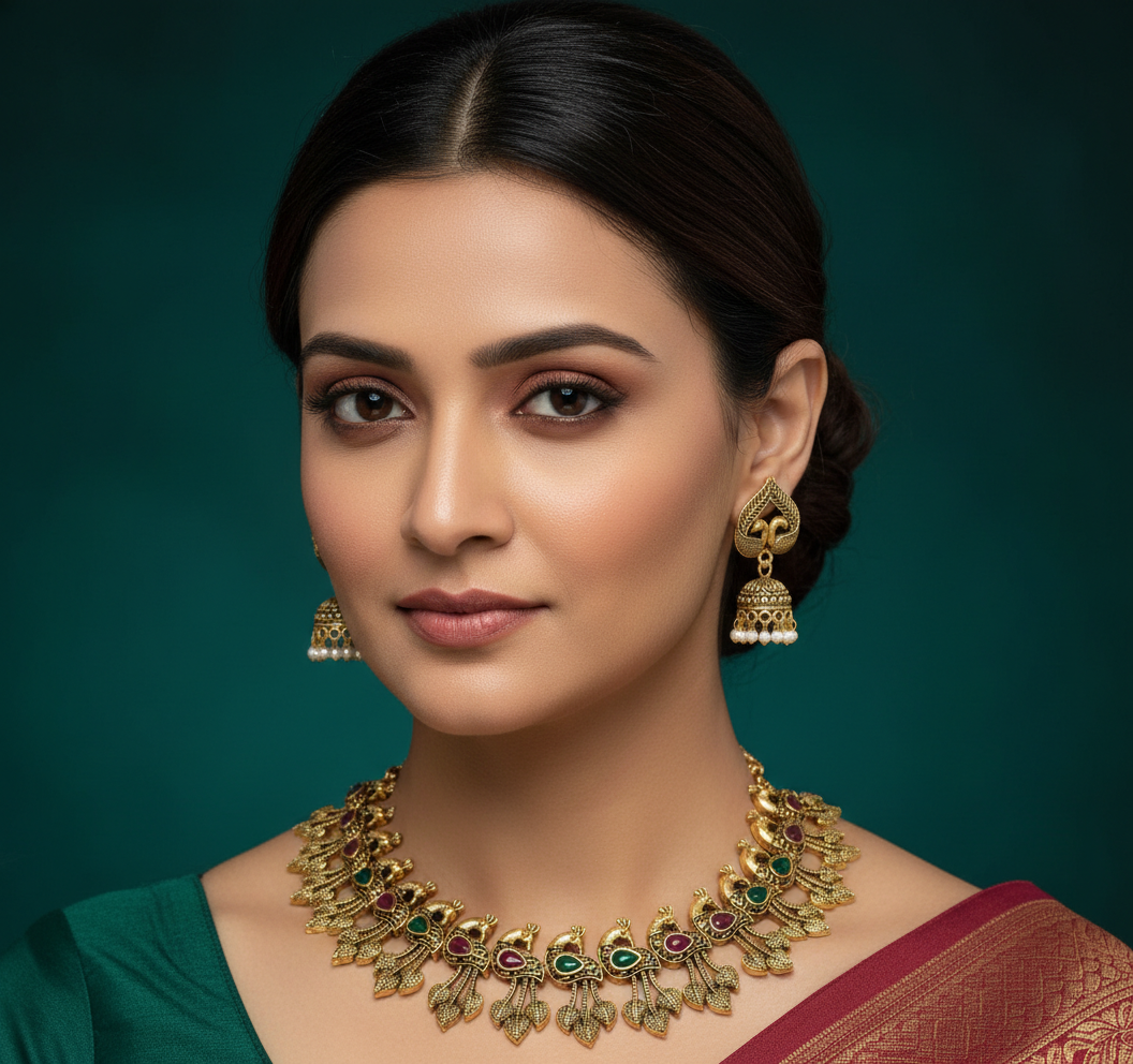 Peacock Inspired Antique Necklace Set