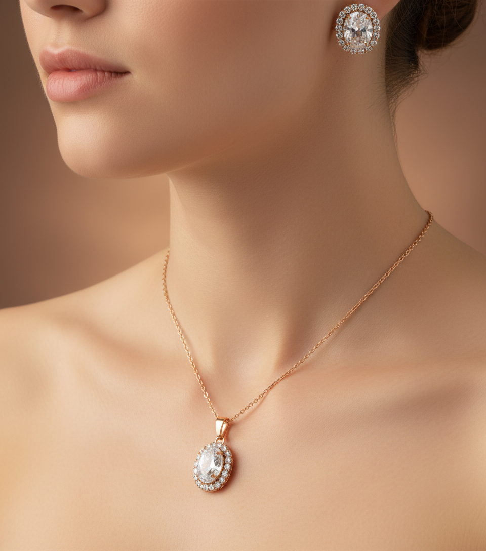 Rose Gold Designer Jewellery Set for Women | Oval Stone