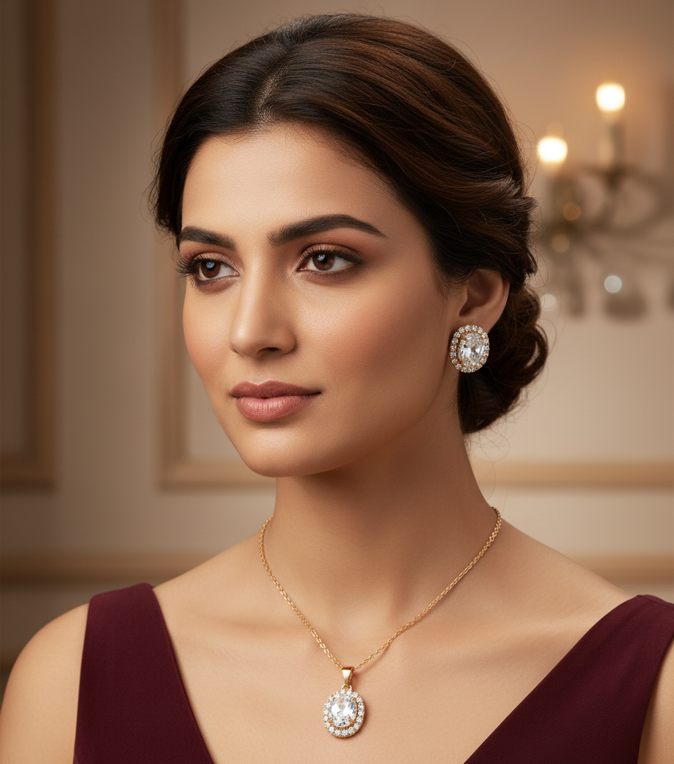 Rose Gold Designer Jewellery Set for Women | Oval Stone