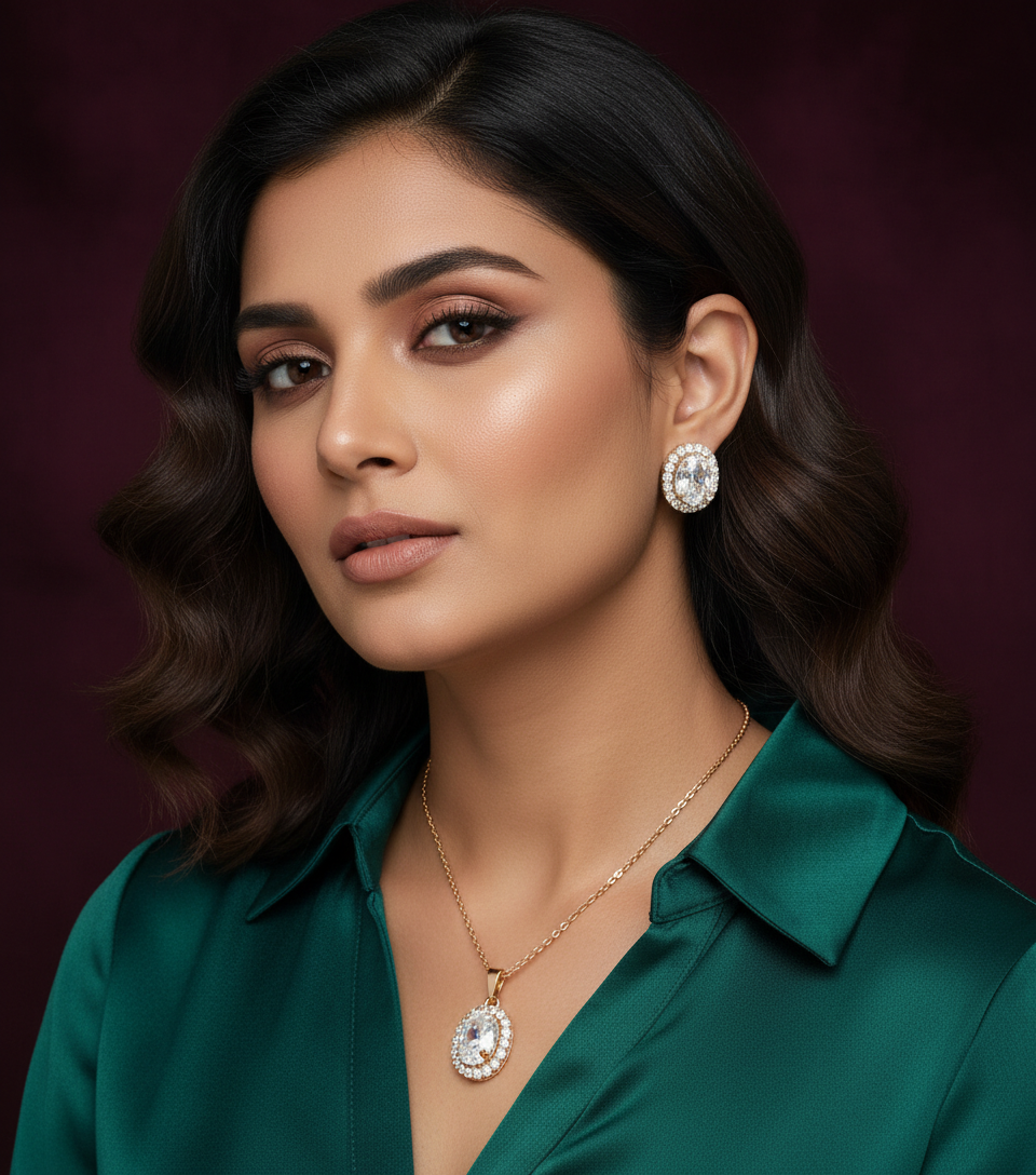 Rose Gold Designer Jewellery Set for Women | Oval Stone
